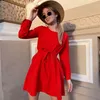 Women Vintage Sashes A-line Party Dress Long Sleeve O neck Solid Elegant Casual Dress Spring New Fashion Women Dress 210412