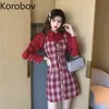 Korobov moda elegante Plaid mujeres vestido coreano cuello vuelto manga larga Patchwork Streetwear Vestidos ajustados 210430