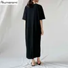 Abiti lunghi a fessura in cotone nero da donna Estate Plus Size 7xl 6xl 5xl 4xl Xxxl Xxl O Collo Manica corta Maxi Abito ampio Casual 210409