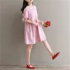 森の女の子の甘いドレスのファッション女性ピーターパン襟半袖夏のドレスカジュアルな緩いピンクの綿ヴィンテージvestidos 210520