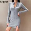 Ezgaga Wrap Mini Dress Femmes Automne Casual Taille Haute À Manches Longues Robes Zipper Robe Moulante Office Lady Sexy Split Élégant 210430