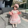 Girls Spanish Lotia Pink Dress with Headwear Toddler Long Sleeve Embroidery Spain Ball Gowns Eid Baptism Party Clothes 210615