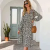 Leopard MIDI платье женщин высокая талия с длинным рукавом халат Femme старинные рабочие офисные дамы осень рубашка Vestidos Cortos мода 2020 x0521