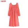 Tangada Women French Style Solid Dress Puff Sleeve Ladies Midi Dress Vestidos SW10 210609