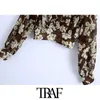 Traf女性のファッション花のプリントクロップされたブラウスヴィンテージハイネック長袖バック弾性裾の女性シャツシックなトップス210415
