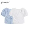 Yitimuceng Ruched بلوزة النساء قمصان نفخة كم مربع طوق يونيولور الأبيض الضوء الأزرق الصيف الكورية أزياء قمم 210601
