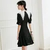 White Elegant Patchwork Lace Dress For Women V Neck Puff Short Sleeve High Waist Hollow Out Midi Dresses Female 210520