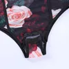 Colysmo Corset Mesh Bodysuit Women See Through Rose Print Sleeveless Button up Spaghetti Strap Slim Fit Romper Sexy 210527