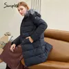 Varm elegant päls krage kvinnor kappa casual designficka parka mode marinblå kvinnlig vinter vindtät jacka 210414