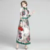 Mode Frauen Vögel Drucken Hemd Kleid mit Einreiher Handgelenk Ärmel Maxi Kleid Vestido Frühling Herbst Trend Langes Kleid 210514