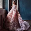 Ombre rose robes de fille de fleur pour le mariage 2022 robe de bal col haut volants jupes à plusieurs niveaux enfant en bas âge Pageant robes tulle robe de première communion balayage train fête formelle