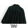 TRAF femmes mode avec poches surdimensionnées velours Blouses Vintage trois quarts manches boutonnées femmes chemises Chic hauts 210415