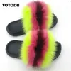 Votoda Damskie kapcie Letnie Moda Fur Sandały Puszyste Prawdziwe Fox Flip Flops Ladies Home Flat Miękkie Buty antypoślizgowe