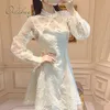 Frühling Sommer chinesischen Stil Frauen Party Langarm Vintage weiße Spitze Stickerei Minikleid 210415