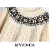 Mulheres moda retalhos jacquard cabo-knit suéter o pescoço manga comprida fêmea pulôver chique tops 210420