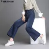 Vintage hög midja flare jeans för kvinnor retro stil klocka botten skinny jeans kvinna kvinnlig mörkblå bred ben denim byxor 210519