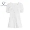 Buraco Branco Vestido de Colheita Mulheres Colares Quadrados Vintage Elegante Backless Bandage Brownot Vestidos Puff Manga Curta Slim Rok Vestidos 210515