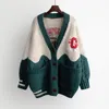 Maglione da donna Cardigan oversize con scollo a V Lettere Ricamo Patchwork casual Maglioni larghi Cappotto spesso in maglia calda primaverile