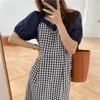 KOBOV NOVO Puff Manga Curta Mulheres Vestido Vintage Plaid Retalhos Chic Quadrado Collar Vestidos Coreano Elegante Ol Vestidos 210430