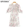 Mulheres Chic Moda Floral Impressão Ruffled Mini Vestido V Neck Tied Sleeves Back Zipper Vestidos Femininos Mujer 210420