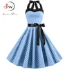 Kvinnor Polka Dot Print Sommarklänning Sexig Retro Vit Halter Vintage Plus Storlek Robe Femme Pin Up Rockabilly Party 220308