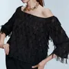 Elegante Vrouwen Slash Neck Shirts Mode Dames Solid Black Plaid Tops Streetwear Vrouwelijke Chic Tassels Blouses 210430