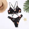 Dames badmode push-up bandeau bikini lage taille beachwear tweedelig scheidt afgedrukt set sexy exotische badpak 210624