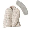 Hiver Ultra Léger Blanc Duvet de Canard Veste Femmes Chaud Grand Vrai Manteau De Fourrure De Lapin Sash Tie Up Ourlet Simple Poitrine Outwear 210423