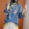 Vårkonst Stil Kvinnor Stand Collar Button Loose Blouse Vintage Print Bomullskjortor Plus Storlek Femme Blusas S24 210512