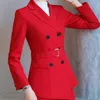 Mode affärsröd byxor kostym kvinnor temperament dubbelbröst långärmad jacka och byxor kontor damer formellt arbete bär 210604