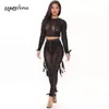 Gratis Sexig Bodycon Mesh Lace-up Pencil Byxor Set O-Neck Långärmad Kort Top Drawstring Two-Pite 210524