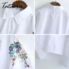 プラスサイズのホワイトシャツフェミニナ刺繍の長袖トップスの女性半袖ブラウス緩いカミサスFemininas Tataria 210514