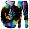 Ny stil för höst och vinter 3D Palm Graffiti Digital Utskrift Herrtröja Hooded Långärmad Lång byxor Casual Suit X0909