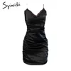 Syiwidiiブライドメイドボディコンドレスのための女性サテンシャンパンブラックプラスサイズの折りたたみ夏のスパゲッティストラップセクシーなアセテートシルク210417