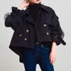 Double Breasted Lapel Mesh Gauze Sleeve Trench Coats Women Autumn Winter Japanese Style Designer Sweet Temperament 210510