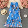 Neploe Vintage Fleur Imprimé Court Style Femme Robe O-cou Bow Cordon Taille Slim Maxi Robe Femmes À Manches Longues Robes Y0726