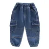 Jeans baby pojke kläder avslappnad solid färg barn denim byxor vintage elastiska midja pocket toddler pojkar calça d30