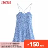 Tangada Mode Vrouwen Blauwe Bloemen Print Strap Jurk Mouwloze Backless Rits Vrouwelijke Sundress 3H400 210609