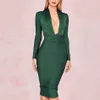 Lato głębokie V Neck Kobiety Bandaż Sukienka Pełne Rękawy Celebrity Bodycon Dress Sexy Club Vestidos wieczorowe sukienki 210826