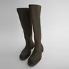 Damenschuhe Khakigrün laminierte flache Stiefel Winter-Kniestiefel 210911