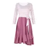 Abiti da donna primaverili Stampa a righe Patchwork Manica lunga O Collo Abito irregolare Moda Sashes Lace Up Pink A-line Midi 210522