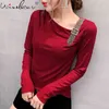 T-Shirt Frauen Solide Diamanten Schnalle Slim Stretchy Tops Burgund Schwarz Langarm Frühling Herbst T0D515A 210421