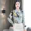 Silk Shirts Printed Blue Wild Top Female Single-breasted Floral Long Sleeve Women's Blouse Plus 3XL 10721 210508