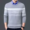 Autumn Winter Casual Brand Warm Pullovers Turn Down Shirt Collar Knit Pattern Outfits Sweater Coat Men