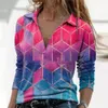 Женщины с длинным рукавом V-образным вырезом Геометрическая печать старинные свободные футболки повседневная пуловер элегантная блузка плюс размер 210428