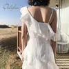 Sommar kvinnor lång chiffong av axel sexig vit ruffle maxi strand klänning 210415