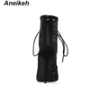 Aneikeh Reife Mesh Frauen Stiefel Floral Lace-Up Dünne High Heels Knöchel Spitze Zehen Party Hochzeit Schuhe Schwarz Größe 35-40 210911