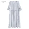 Mori fille grande taille robes d'été en vrac femmes à manches courtes mode robe rayée femme élégante Vestidos coton lin 210520