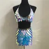 Glisten Rhombic Sequins Two Piece Set Hollow Out Metal Chain Crop Tops Sexy Mini Skirt Summer Rave Festival Lady Outfits 210730