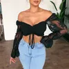 Sexig Lace Broderi Off Shoulder Blouse Ruffle Pläterade Korta Kvinnor Sommar Sommar Grundläggande Blommigtryck Bandage Casual Blouse 210514